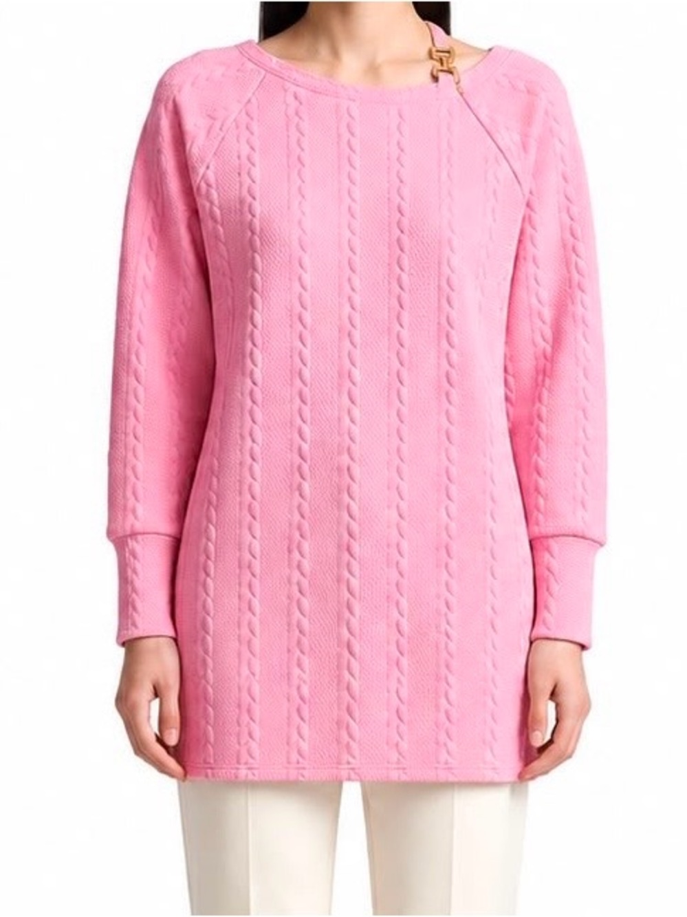Coquette Sweater Womens M Pink Jersey Cable Knit Buckle MOD Twee Y2K Parisian